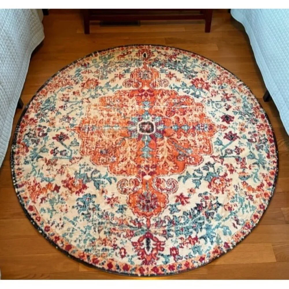 New Bohemian Floral Medallion Round Rug - 3Ft Oriental Distressed Small Round